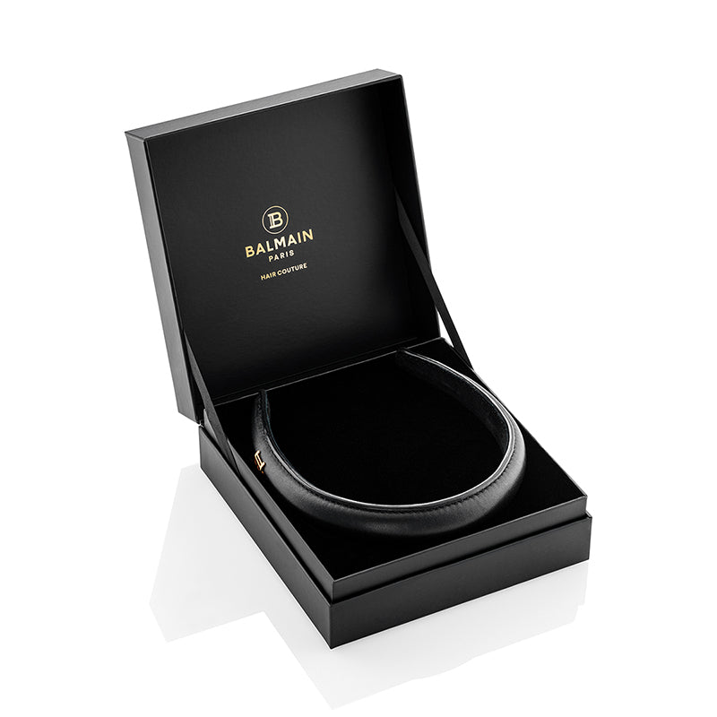 Balmain Hair Black Leather Puffed Headband with Gold Plated Logo