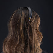 Balmain Hair Black Leather Puffed Headband with Gold Plated Logo